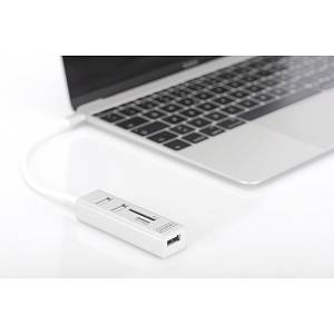 DIGITUS USB-C-Hub 3-Port 2.0->3xA2.0 1xReader in.Kabel weiß
