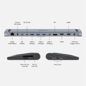 Unitek D1106A USB-C Docking Station & 2-Port KVM 10Gbps Triple Display (Connect 2 PCs to 3 Monitors)