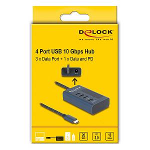 DELOCK USB 10 Gbps Hub mit 4 USB Type-C Ports davon 3 x Datenport + 1 x Daten und PD 20 Watt mit Leistungsanzeige