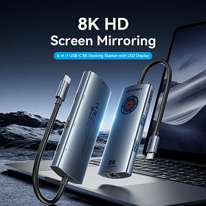Vention HUB USB-C 3.2 Gen1/8K-HDMI/Gb/PD + LED Display & Switch TQZHB