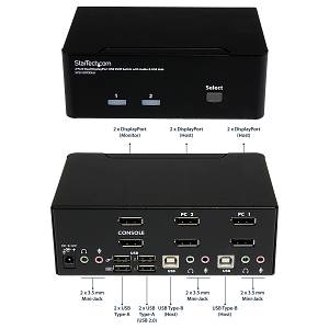 StarTech.com 2 Port Dual DisplayPort USB KVM Switch mit Audio - DisplayPort Desktop KVM Umschalter mit USB Hub - 4xUSB Buchse 2xDP Buchse - K