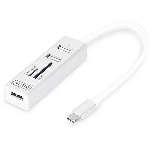 DIGITUS USB-C-Hub 3-Port 2.0->3xA2.0 1xReader in.Kabel weiß