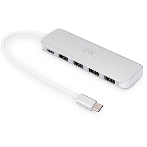 DIGITUS USB-C-Hub 4-Port 3.0->4xA3.0 1xC-PD intgr.Kabel wei