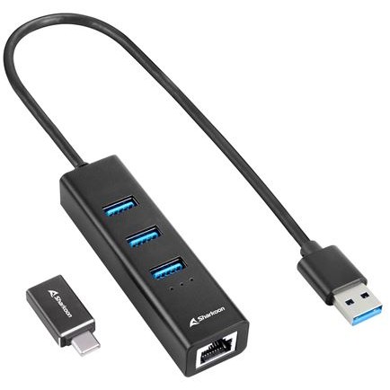 Sharkoon 3-Port USB 3.2 Gen 1 Alu Hub + Ethernet (black)