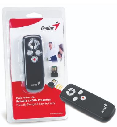 Genius Pointer Media Wireless 100, Wireless 2, 4ghz - Up Tp 10METERS, Pico Receiver, Laser Beam, Support Page Up/page Down, 5xbuttons, Work Windows&MAC