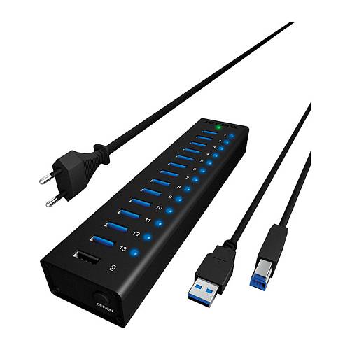 HUB USB 3.0 . 13 Port. +1x Ladeport Aluminium-mit Netzteil ICY BOX