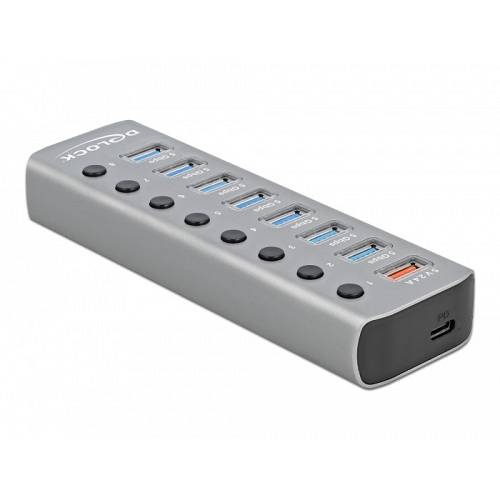 DELOCK USB 3.2 Gen 1 Hub mit 7 Ports + 1 Schnellladeport + 1 USB-C PD 3.0 Port mit Schalter und Beleuchtung