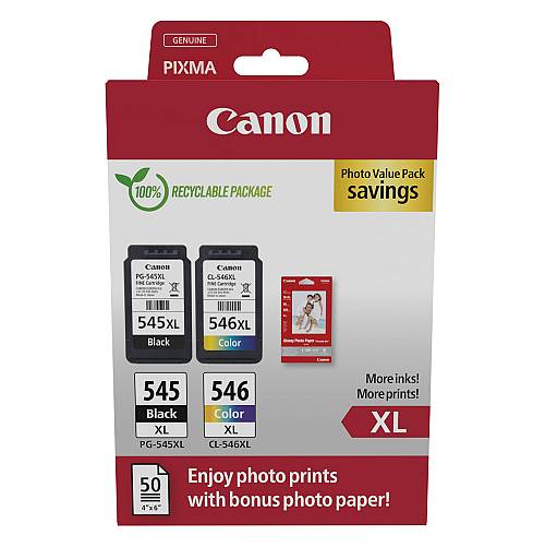 Canon PG-545XL/CL-546XL Photo Paper Value Pack - 2-pack - High Yield - black, colour (cyan, magenta, yellow) - original - hanging box - ink cartridge , paper kit - for PIXMA TR4551, TR4650, TR4651, TS3350, TS3351, TS3352, TS3355, TS3450, TS3451, TS3452 |