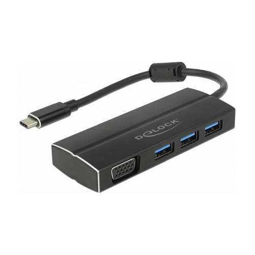 DELOCK USB 3.1 Gen 1 Adapter USB Type-C zu 3 x USB 3.0 Typ-A Hub + 1 x VGA DP Alt Mode