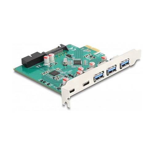 DELOCK USB 5 Gbps PCI Express x1 Karte zu 3 x extern Typ-A + 2 x extern USB Type-C Buchse und 1 x intern 19 Pin USB Pfostenstecker