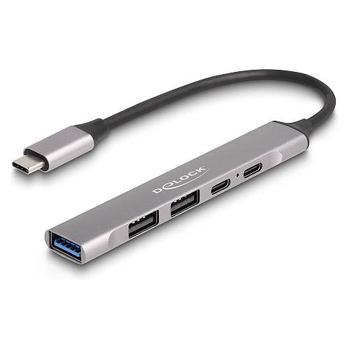 DELOCK 4 Port Slim USB Type-C Hub mit 1 x USB 10 Gbps Typ-A + 2 x USB 2.0 Typ-A + 1 x USB 2.0 USB Type-C und PD 95 W