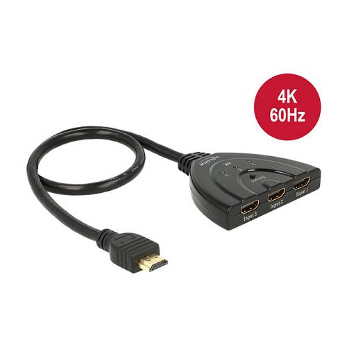 DELOCK HDMI UHD Switch 3 x HDMI in > 1 x HDMI out 4K mit integriertem Kabel 50 cm