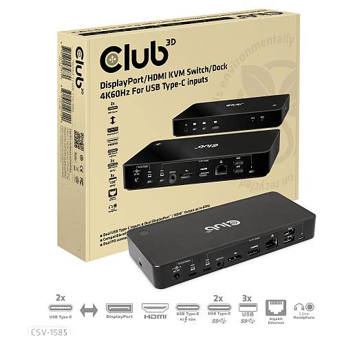 Club3D KVM Switch 4K60Hz 2x USB-C> HDMI/DP/3xUSB/2xUSB-C/LAN