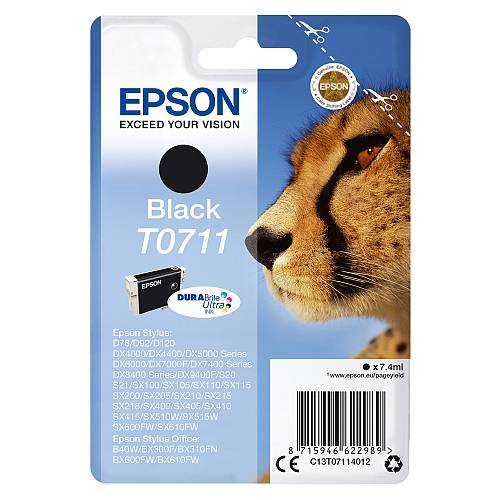 Epson T0711 , 7 ml , black , original , ink cartridge , for Stylus DX9400, SX115, SX210, SX215, SX218, SX415, SX515, SX610 , Stylus Office BX310, BX610