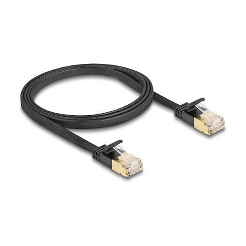 Delock RJ45 Netzwerkkabel Cat.6A Stecker zu Stecker mit robuster Rastnase und Cat.7 Rohflachbandkabel U/FTP 1 m schwarz