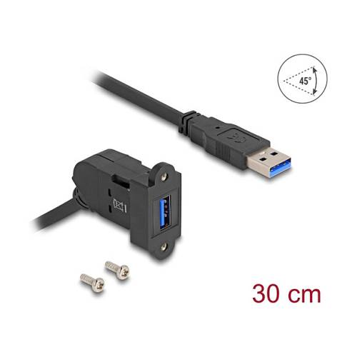 Delock Keystone Modul USB 5 Gbps Typ-A Einbaubuchse 45° gewinkelt zu Typ-A Stecker mit 30 cm Kabel schwarz