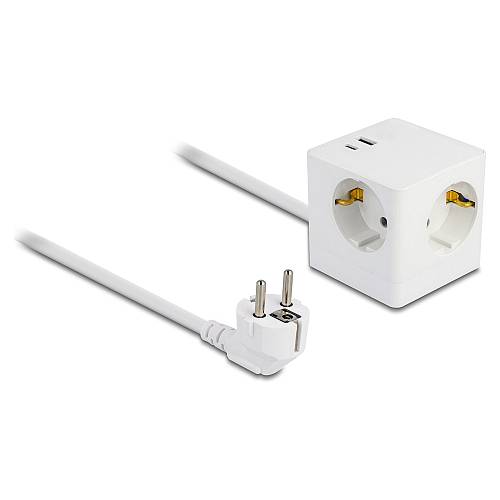 Delock Steckdosenwürfel mit Verlängerungskabel 3-fach mit Kindersicherung und USB PD 3.0 Ladegerät 20 W. 1.5 m Kabel. weiß