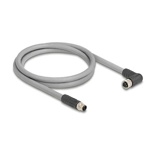 Delock M12 Kabel L-kodiert 5 Pin Stecker gerade zu Buchse rechts gewinkelt PUR schleppkettentauglich 3 m grau
