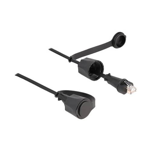 Delock Netzwerkkabel RJ45 Stecker zu RJ45 Stecker Cat.6 STP mit Verschlusskappe Outdoor IP68 staub- und wasserdicht schwarz 1 m