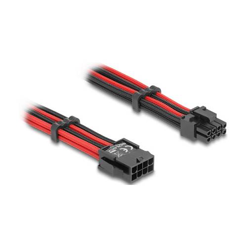 Delock Verlängerungskabel 8 Pin Stecker zu 6 + 2 Pin PCIe Buchse Textilummantelung rot-schwarz 30 cm