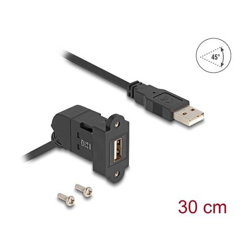 Delock Keystone Modul USB 2.0 Typ-A Einbaubuchse 45° gewinkelt zu Typ-A Stecker mit 30 cm Kabel schwarz
