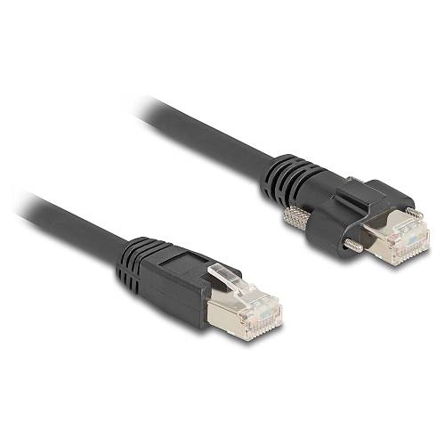 Delock Kabel RJ45 Stecker zu RJ45 Stecker mit Schraubenabstand 20 mm für GigE Kamera Cat.6A S/FTP 1 m schwarz