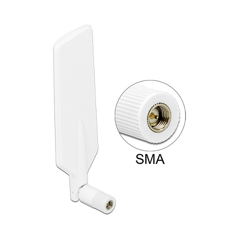Delock LTE Antenne Dualband WLAN ac/a/b/g/n SMA Stecker 1 - 4 dBi omnidirektional drehbar mit Kippgelenk weiß