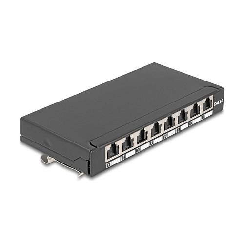 Delock Mini Desktop Patchpanel RJ45 Buchse 8 Port Cat.6A geschirmt schwarz - zur Montage an Tisch. Wand oder Hutschiene