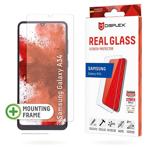 DISPLEX Panzerglas 2D/ Clear (10H) für Samsung Galaxy A34 Eco-Montagerahmen. Tempered Glas. kratzer-resistente Schutzfolie. hüllenfreundlich