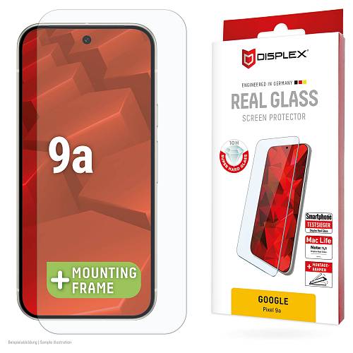 DISPLEX Panzerglas (10H) für Google Pixel 9a Eco-Montagerahmen. Tempered Glas. kratzer-resistente Schutzfolie. hüllenfreundlich