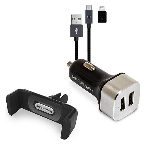 RealPower KFZ-Ladegerät Set + Kabel + Halterung Smartphone