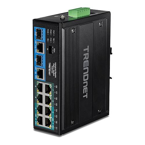 TRENDnet TI-BG104 10 Port Rail Switch. Industrial Gigabit PoE++ DIN-Rail