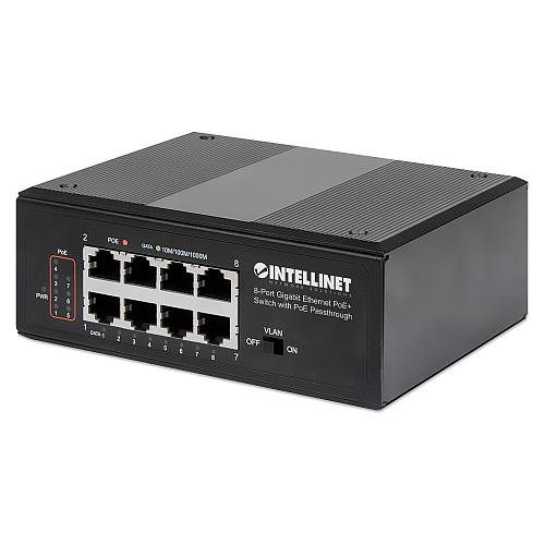 INTELLINET 8-Port PoE+ Gb Switch PoE-Passthrough 1xPD PoE 95W Eingangsstrom 7x PSE PoE Strombudget bis 120W DIN-Hutschienenmontage
