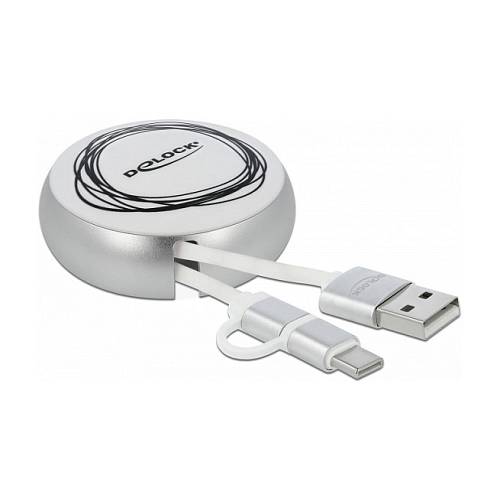 DELOCK USB 2.0 2 in 1 Aufrollkabel Typ-A zu Micro-B und Lightning 8 Pin weiss / gold