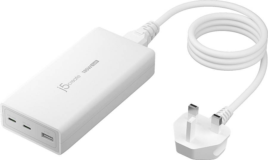 j5create 185W Laptop GaN Charger PD3.1 2xUSB-C/1xUSB-A (UK Plug) JUP37185W