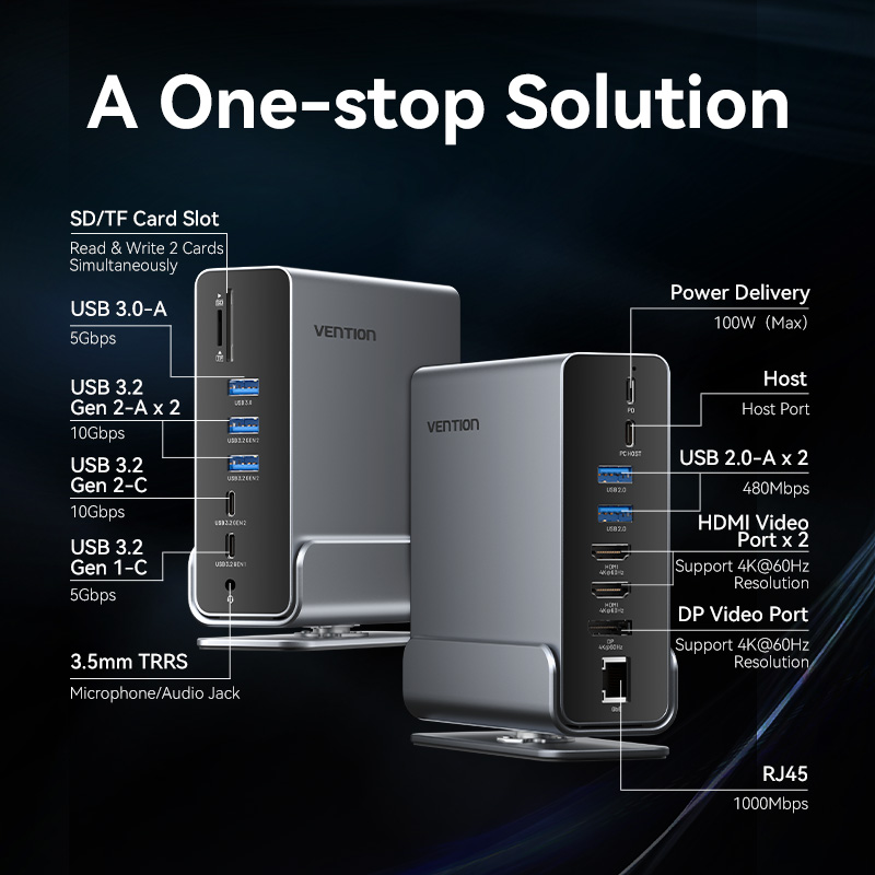 Vention HUB USB-C 8xUSB/2xHDMI/DP/MST/RJ45/SD/3.5mm/PD TPUH0