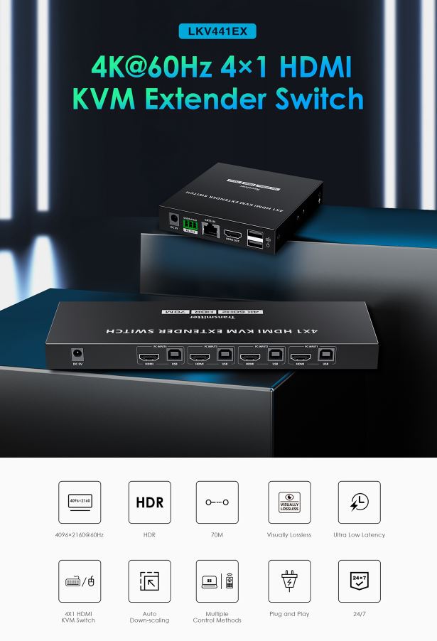 Lenkeng KVM HDMI Extender Switch 4-1 over Ethernet 4K60Hz LKV441EX