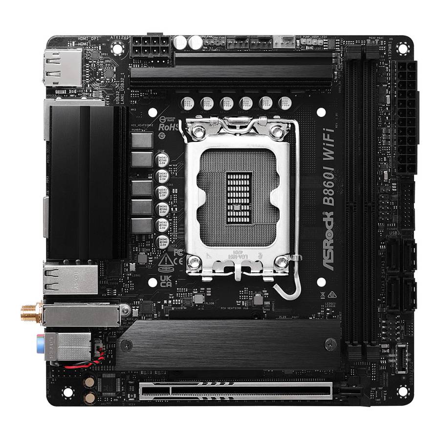 ASRock B860I WiFi Motherboard mini ITX LGA1851 Socket - B860 Chipset - USB-C 3.2 Gen 2x2, USB-C 3.2 Gen2, USB 3.2 Gen 2, USB 3.2 Gen 1 - 2.5 Gigabit LAN, Wi-Fi 6E, Bluetooth - onboard graphics (CPU required) - HD Audio (8-channel)