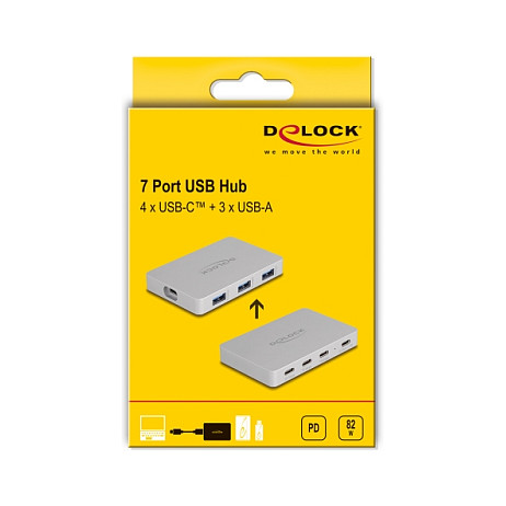 DELOCK 7 Port USB Hub mit 4 x USB Type-C Buchse und 3 x USB Typ-A Buchse mit PD 82 W