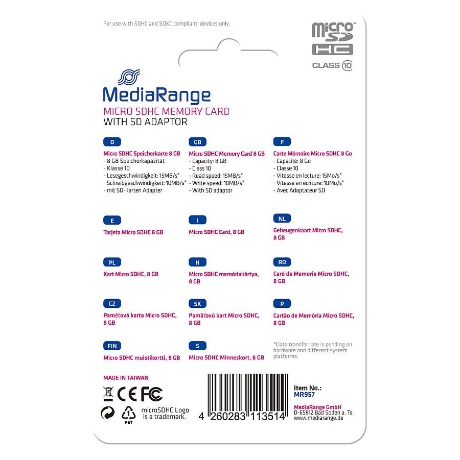 CARD Mediarange 8GB microSDHC - 8 GB - MicroSDHC - Klasse 10 - Schwarz