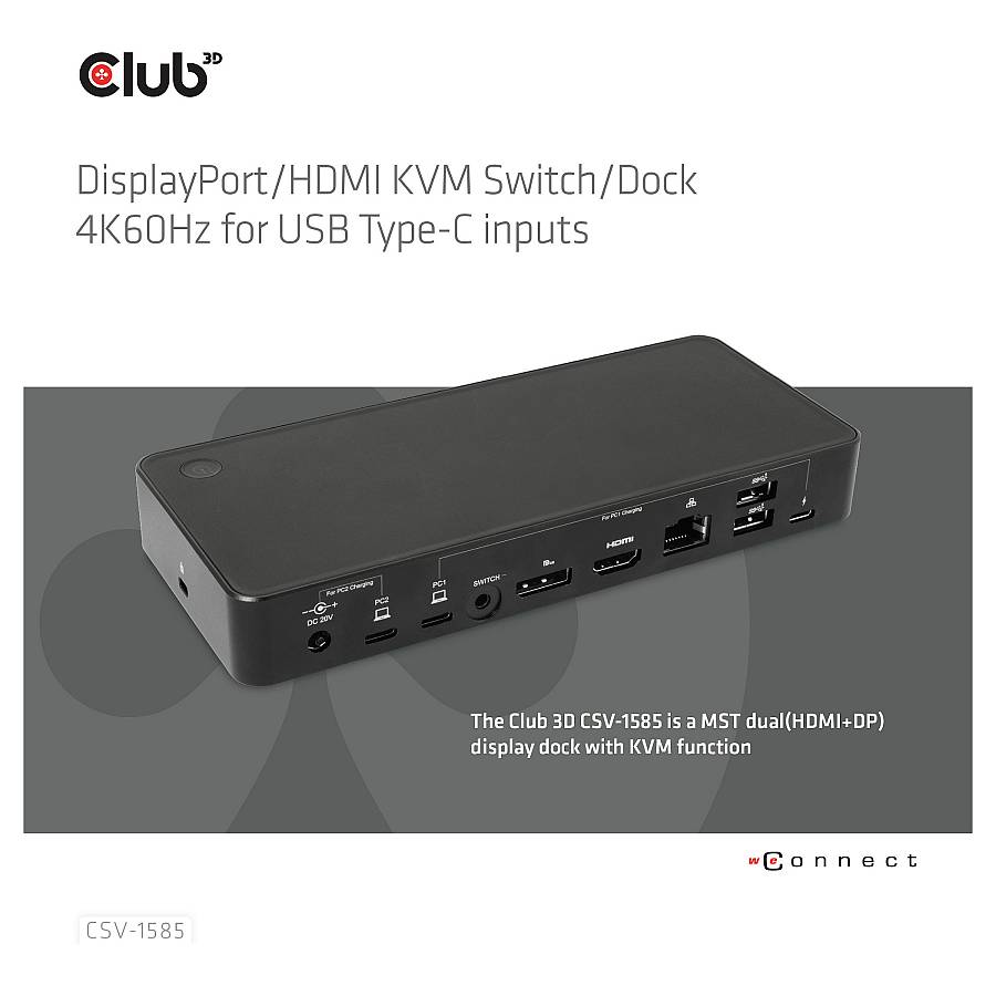 Club3D KVM Switch 4K60Hz 2x USB-C> HDMI/DP/3xUSB/2xUSB-C/LAN