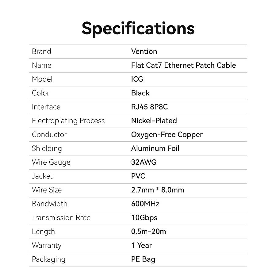 Vention NETWORK Cable CAT7 Flat 5.0m Black ICGBJ