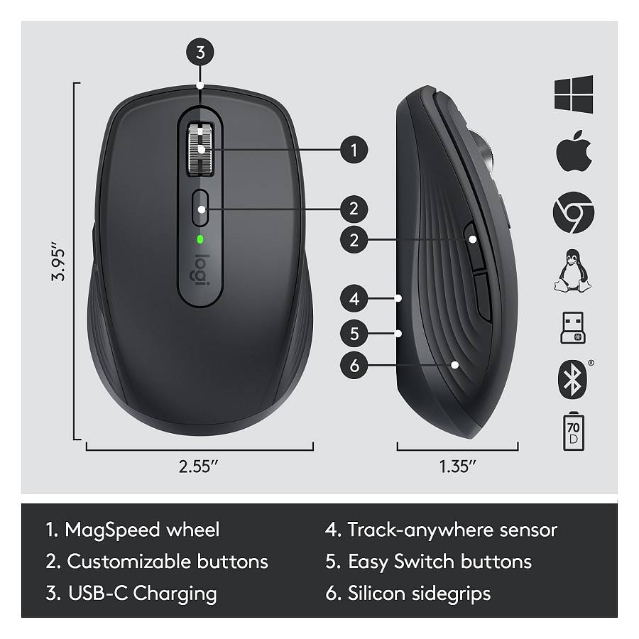 Logitech MX Anywhere 3 Kabelos + Bluetooth 4000DPI graphit