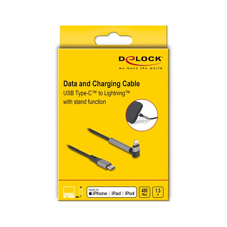 Delock Daten- und Ladekabel USB Type-C™ zu Lightning™ für iPhone™. iPad™. iPod™ gewinkelt mit Ständerfunktion schwarz 1.5 m MFi