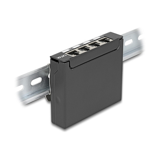 Delock Mini Desktop Patchpanel RJ45 Buchse 4 Port Cat.6A geschirmt schwarz - zur Montage an Tisch. Wand oder Hutschiene