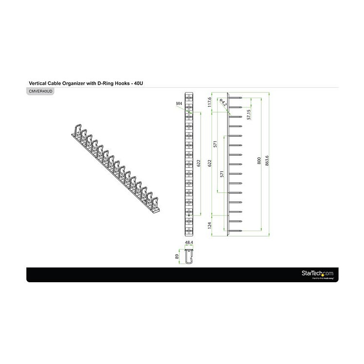 STARTECH.COM Vertikaler Kabelordner mit D-Hacken - 0U - 1.8m - Rack Kabelmanager