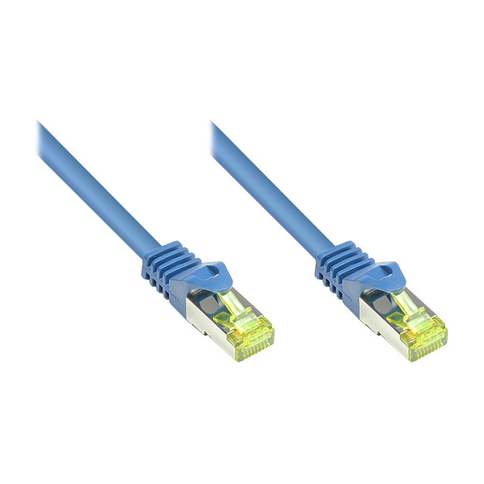 GoodConnections RJ45 Patchkabel mit Cat. 7 Rohkabel und Rastnasenschutz (). S/FTP. PiMF. halogenfrei. 500MHz. OFC. blau. 1m.