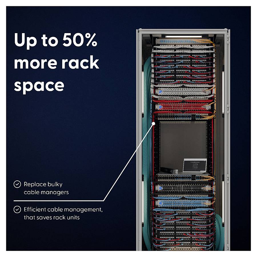 Patchbox patchbox.one Kabeleinzugssystem 8RU/STP (0.8 m) mit 24 Kassetten. Patchkabel Cat. 6a. U/FTP. PoE. Kabel blau