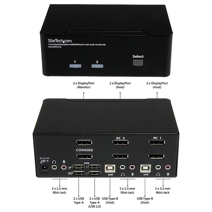 STARTECH.COM DisplayPort KVM Switch - 2 Port - Dual-Display - 4k 60hz - USB Hub - Audio and Microphone