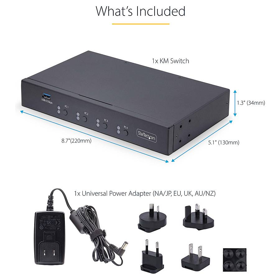 STARTECH.COM 4-Port KM Switch mit Maus-Roaming USB 3.0 Umschalter Tastatur und Maus Switch 3.5mm/USB Audio TAA Konform